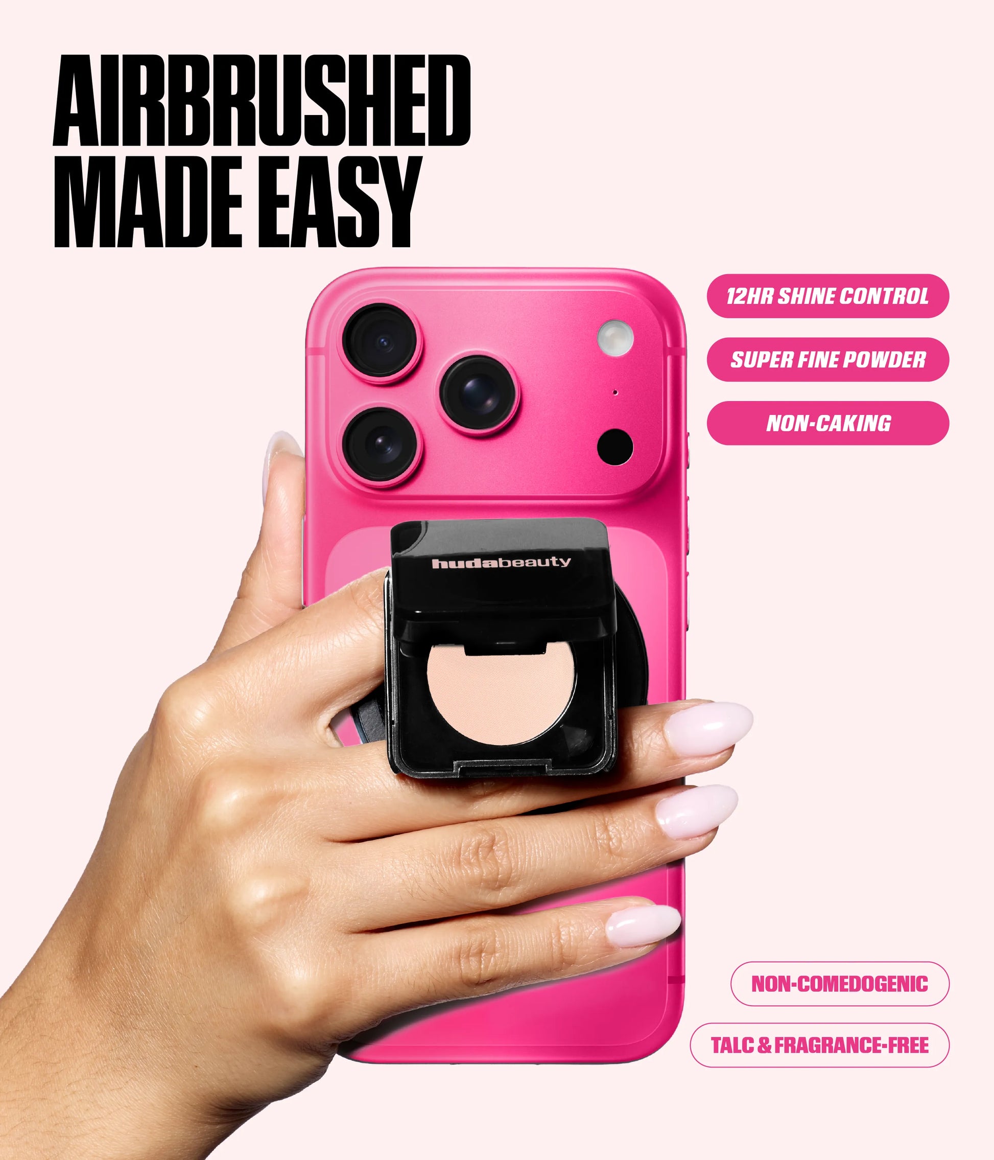 Easy Bake Pressed Phone Grip showing 12hr shine control, super fine pressed powder, non-caking formula, non-comedogenic, and talc & fragrance-free features.