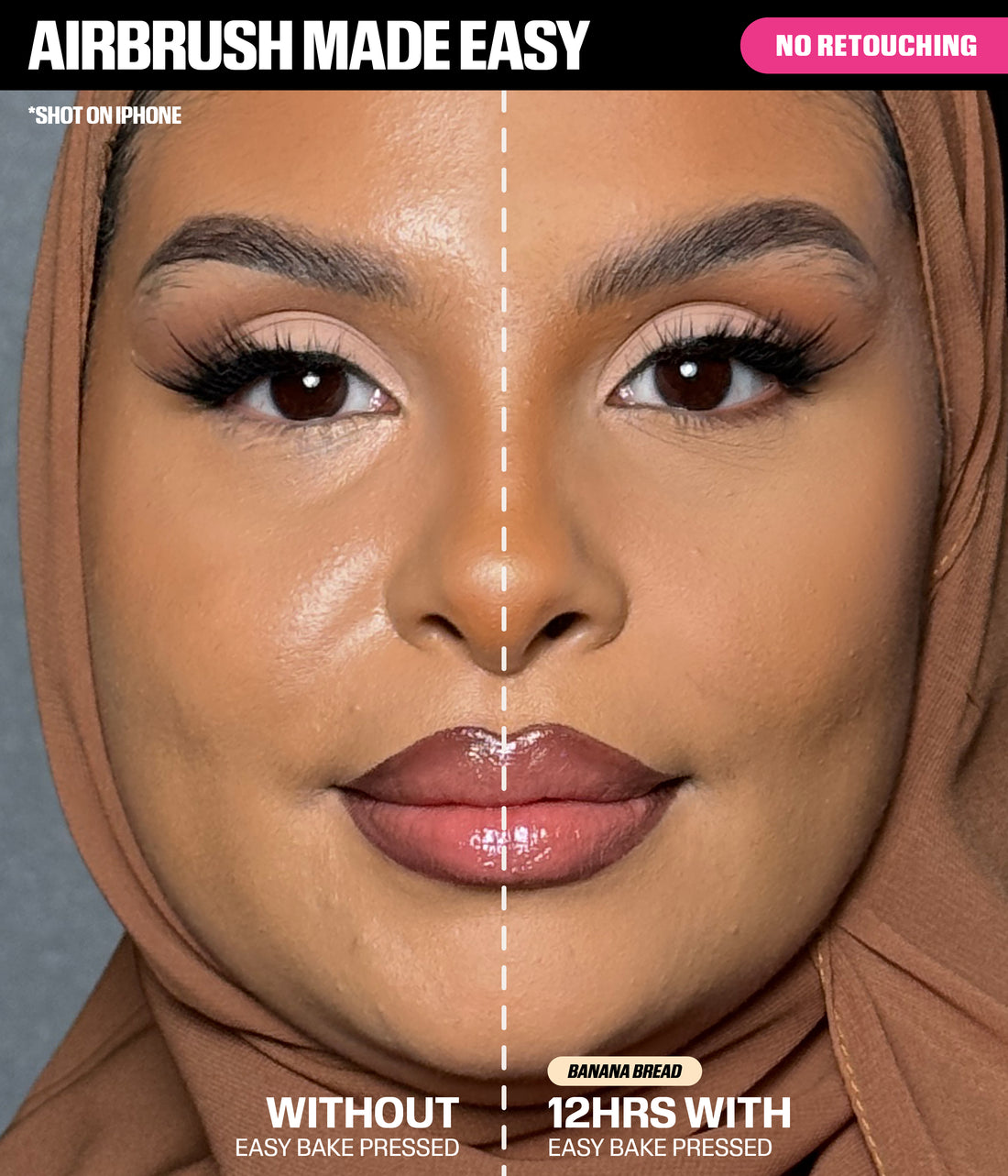 Easy Bake Pressed Powder Banana Bread with and without application showing airbrushed finish after 12 hours