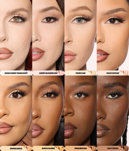 Easy Bake Pressed Powder collage showing multiple shades applied across different skin tones