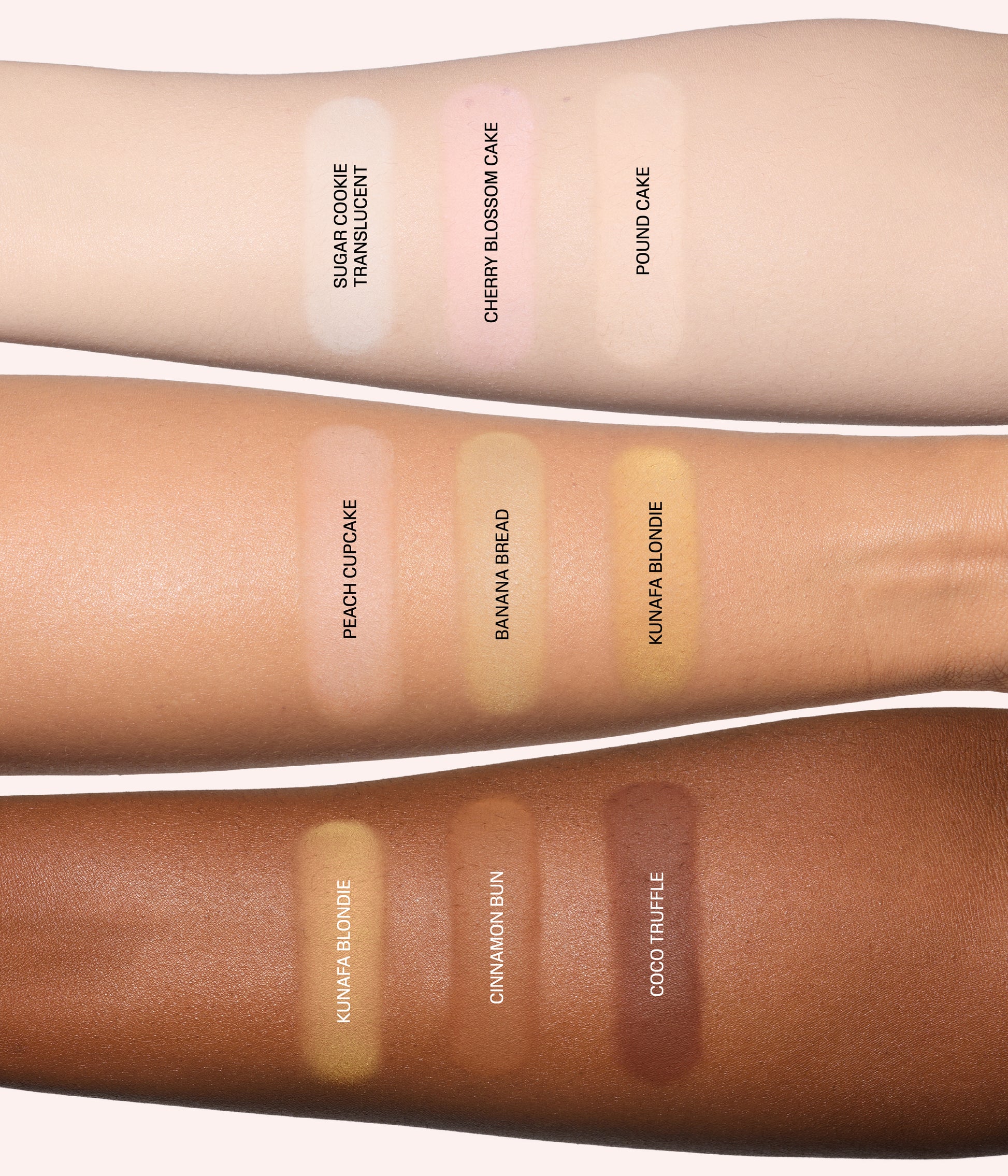 Easy Bake Pressed Powder shade swatches shown on different skin tones with labeled shade names