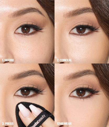 Easy Bake Pressed Powder step by step application showing before, conceal, press, and 12-hour wear results