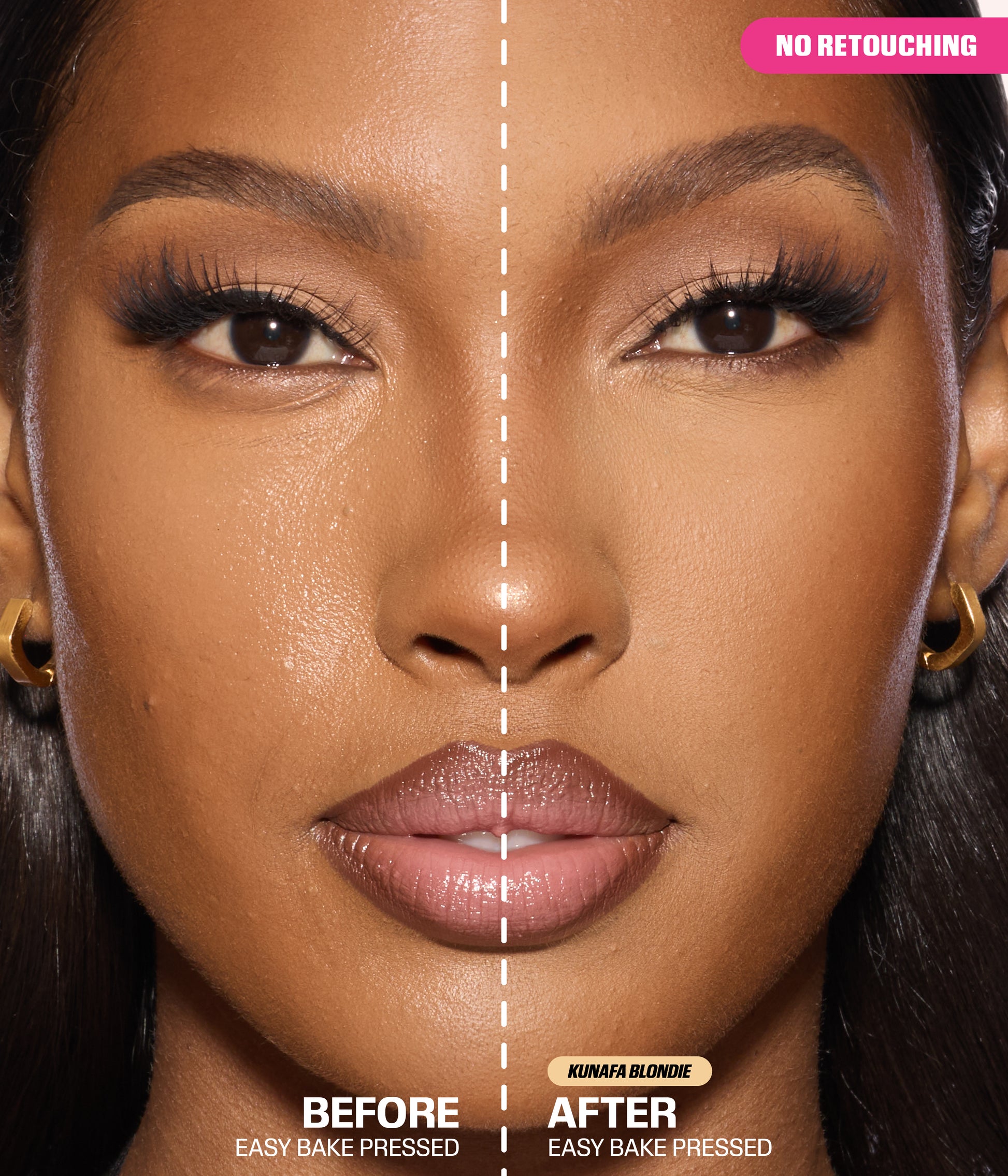 Easy Bake Pressed Powder Kunafa Blondie before and after results with no retouching