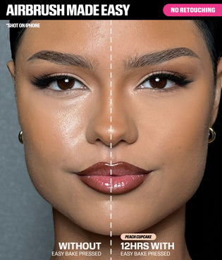 Easy Bake Pressed Powder Peach Cupcake with and without application showing airbrushed finish after 12 hours