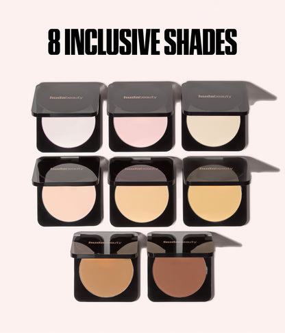 Easy Bake Pressed Powder eight inclusive shades displayed in pressed powder compacts