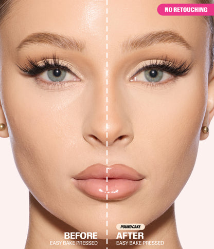 Easy Bake Pressed Powder Pound Cake before and after results with no retouching