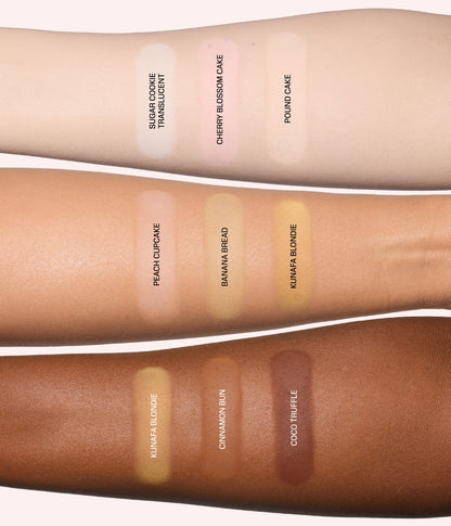 Easy Bake Pressed Powder shade swatches shown on different skin tones with labeled shade names