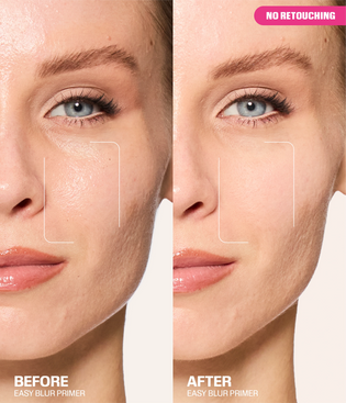 Before and after of Easy Blur Primer on skin, no retouching.
