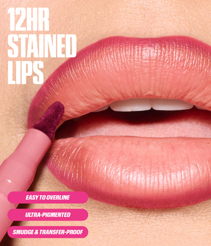 Habibti Rosy Pink Lip Duo 2026 lip contour stain on lips with 12HR STAINED LIPS text, easy to overline, ultra-pigmented, smudge & transfer-proof