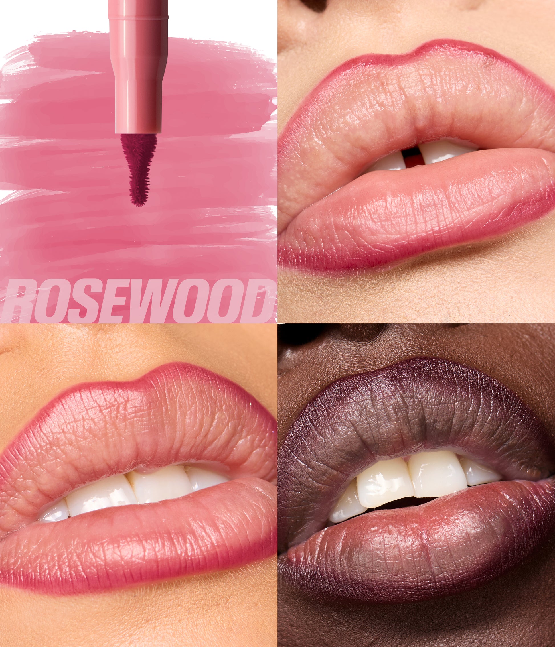 Habibti Rosy Pink Lip Duo 2026 Rosewood lip contour stain with applicator and lip swatches on different skin tones