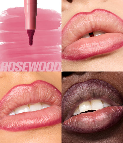 Habibti Rosy Pink Lip Duo 2026 Rosewood lip contour stain with applicator and lip swatches on different skin tones