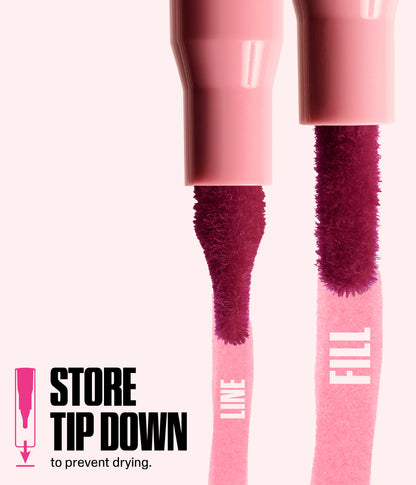 Habibti Rosy Pink Lip Duo 2026 lip contour stain applicators with LINE and FILL text and STORE TIP DOWN to prevent drying