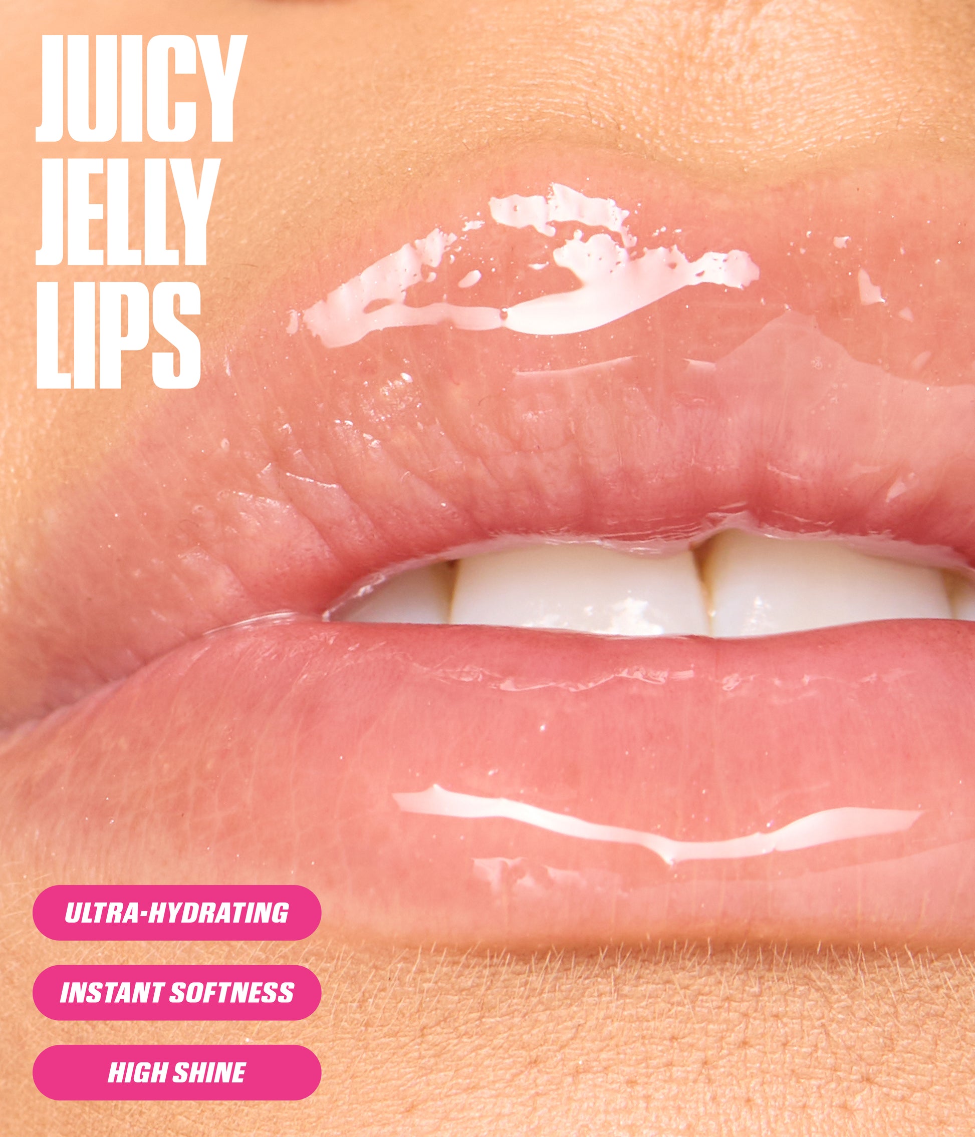 Habibti Rosy Pink Lip Duo 2026 juicy jelly lips on lips with JUICY JELLY LIPS text, ultra-hydrating, instant softness, high shine