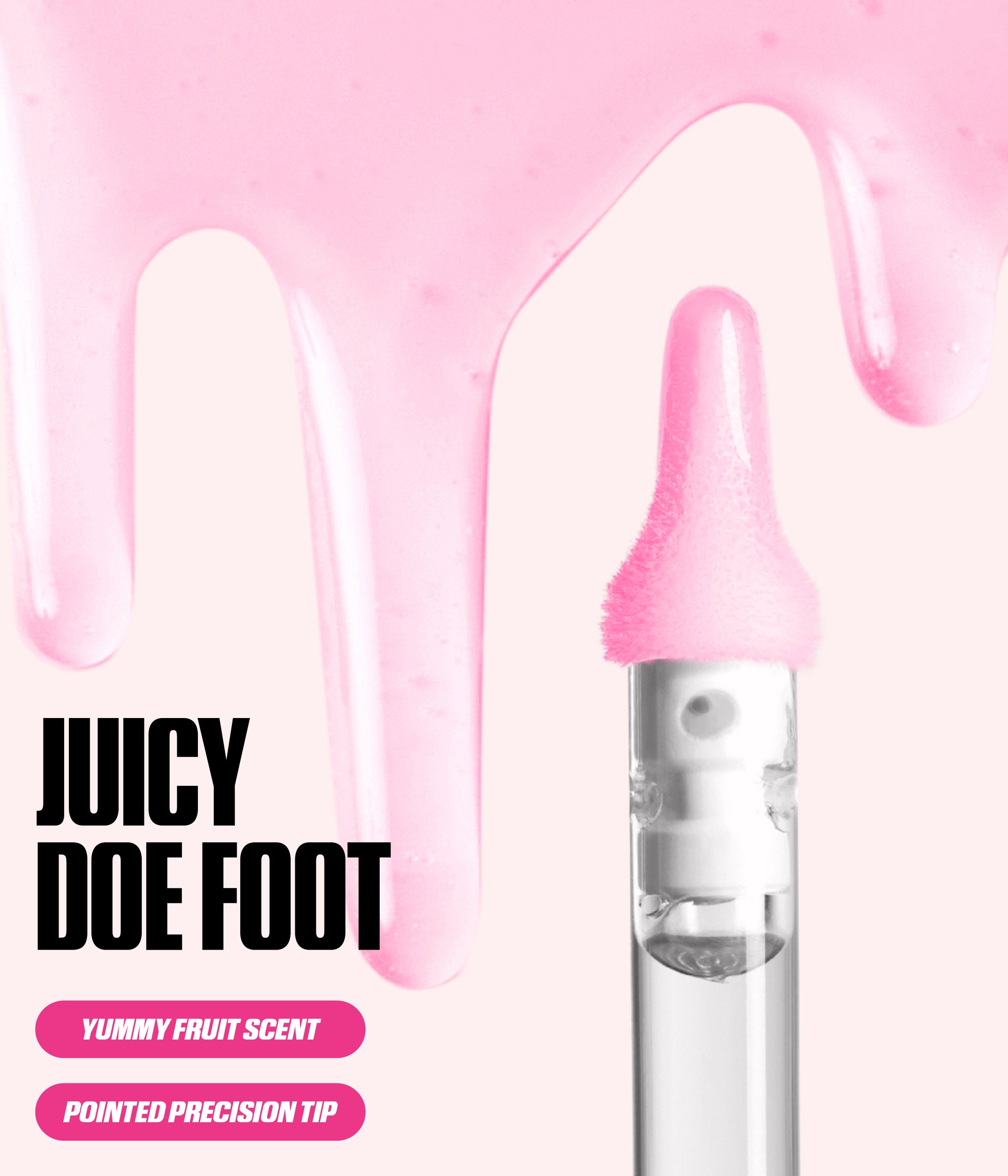 Habibti Rosy Pink Lip Duo 2026 faux filler jelly oil doe foot applicator with JUICY DOE FOOT text, yummy fruit scent, pointed precision tip