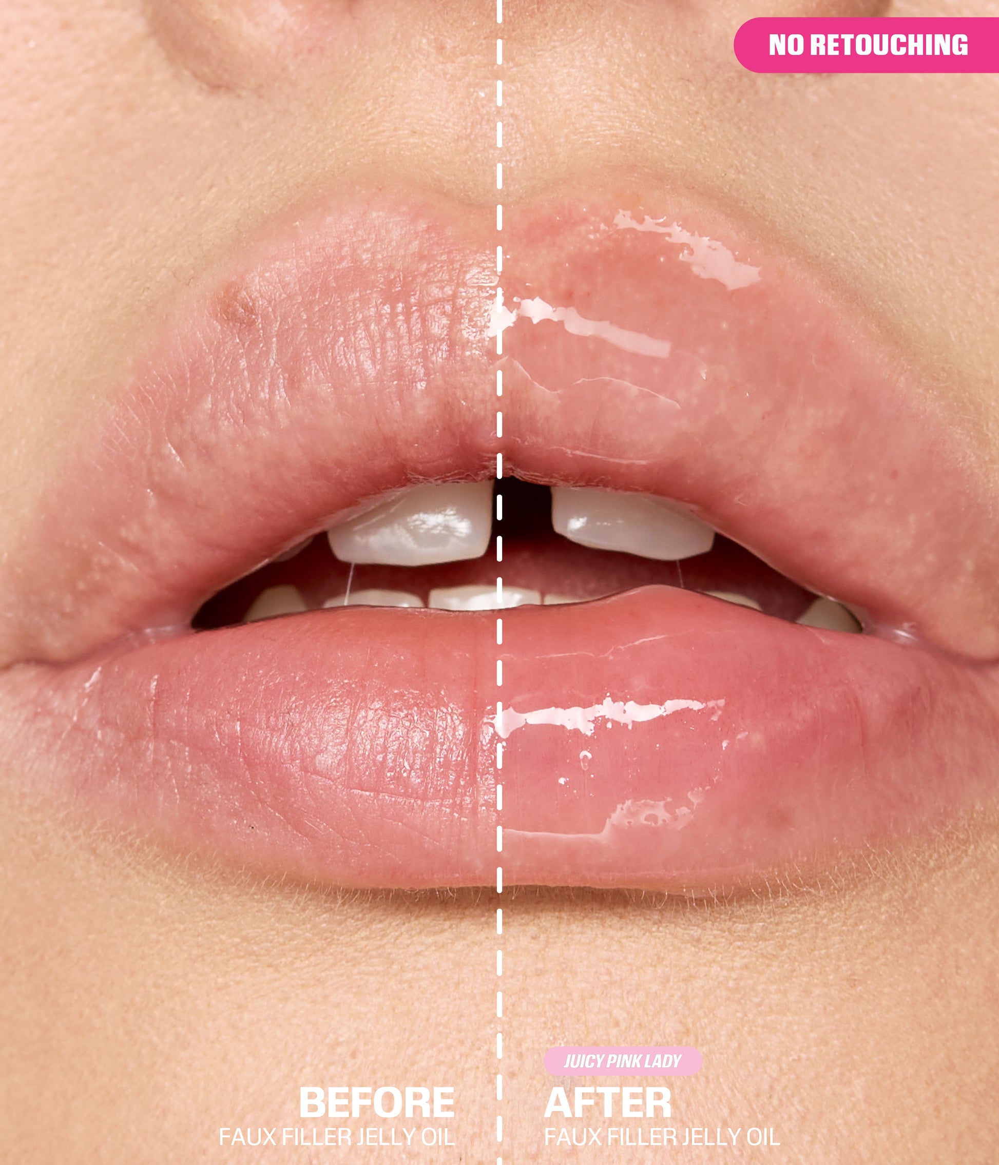 Habibti Lip And Cheek Best Sellers Kit 2026 lips before and after comparison with faux filler jelly oil, no retouching
