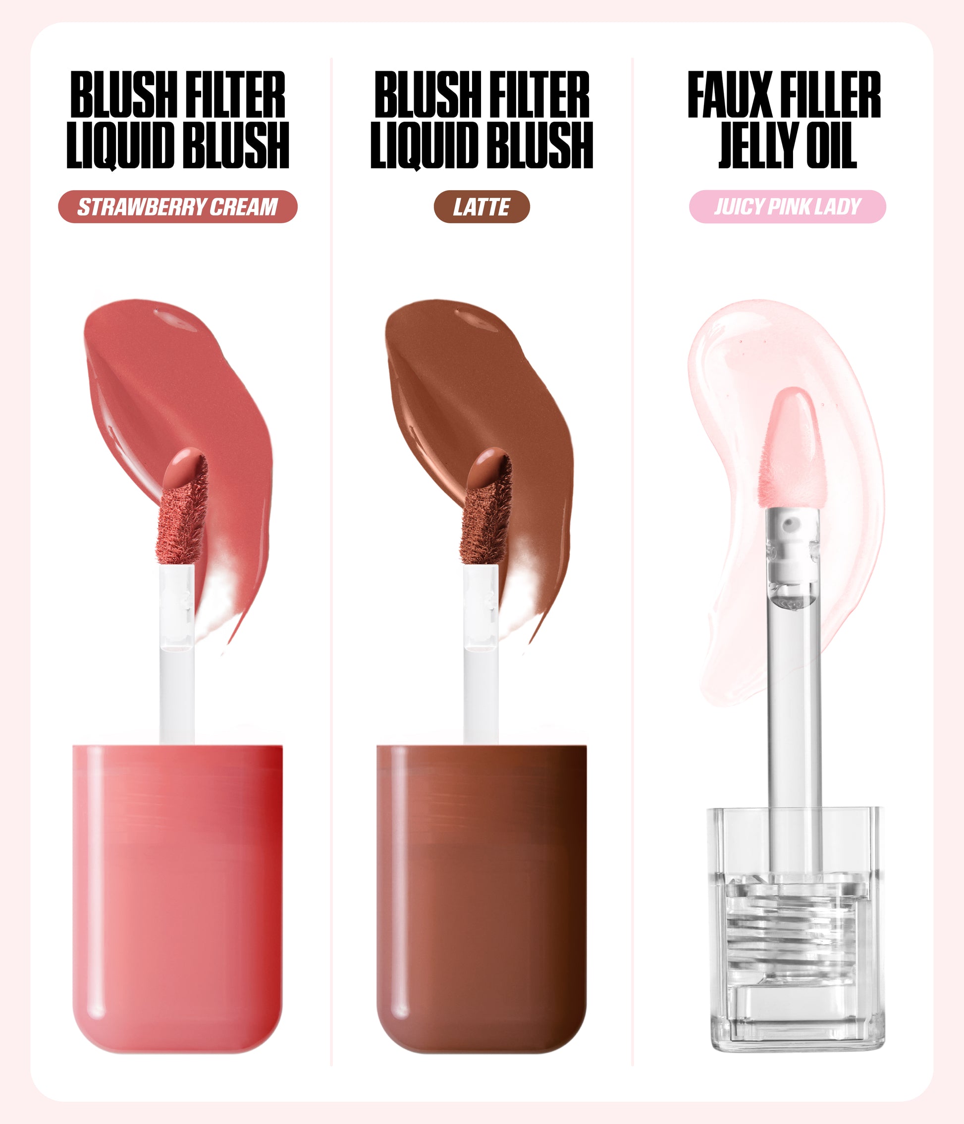 Habibti Lip And Cheek Best Sellers Kit 2026 blush filter liquid blush STRAWBERRY CREAM, blush filter liquid blush LATTE, faux filler jelly oil JUICY PINK LADY