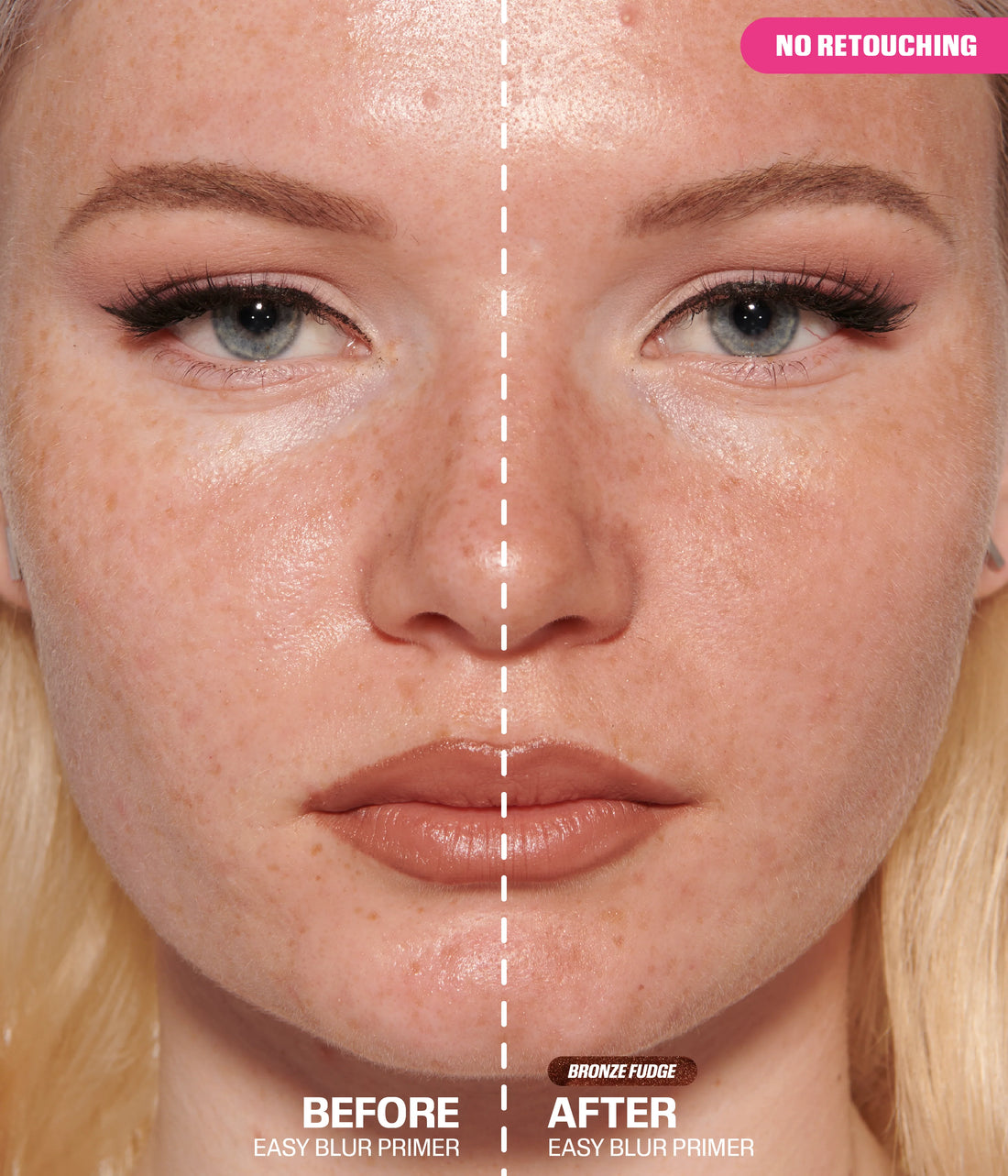 Easy Blur Primer Bronze Fudge – no retouching, before and after application.