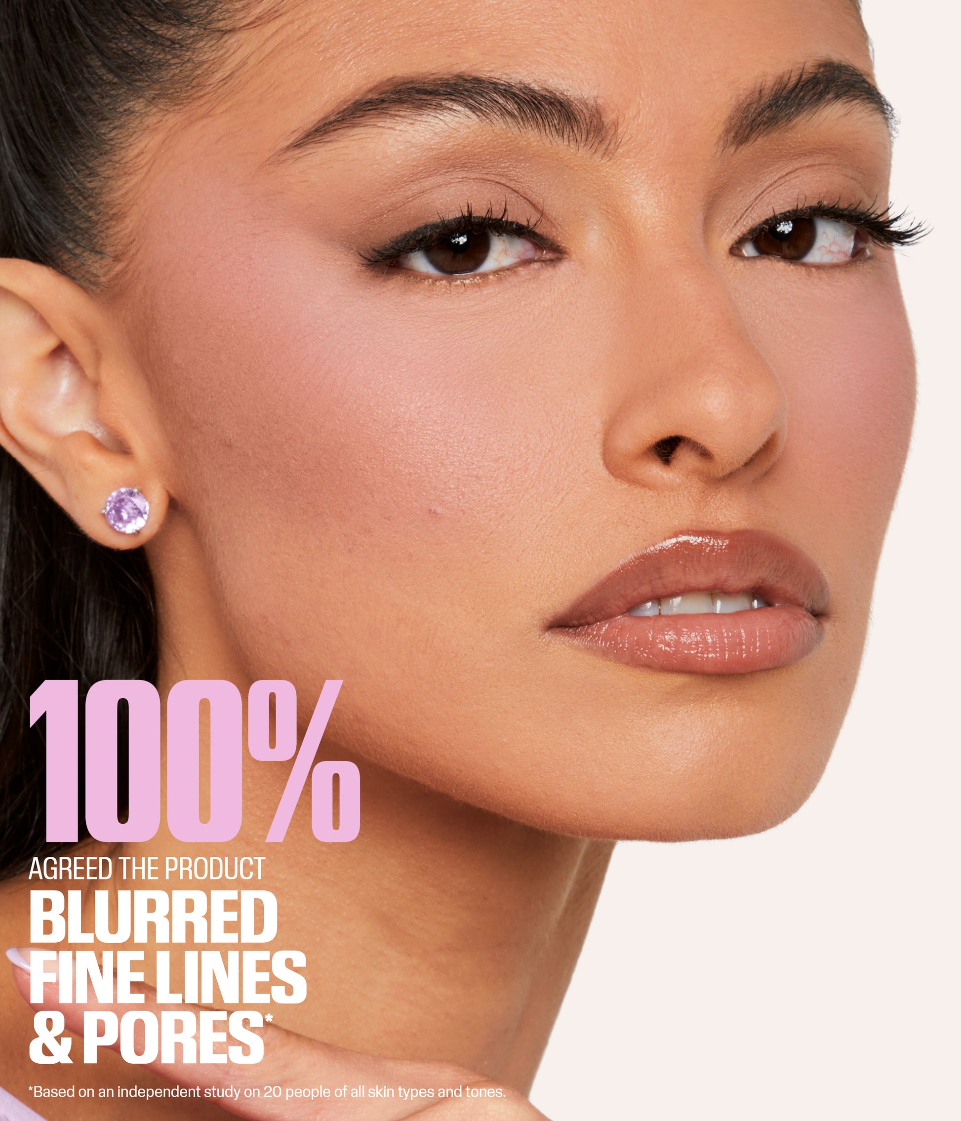 Mini Easy Bake Loose Baking & Setting Powder – Ube Birthday Cake shown on model with blurred fine lines and pores based on independent consumer study results