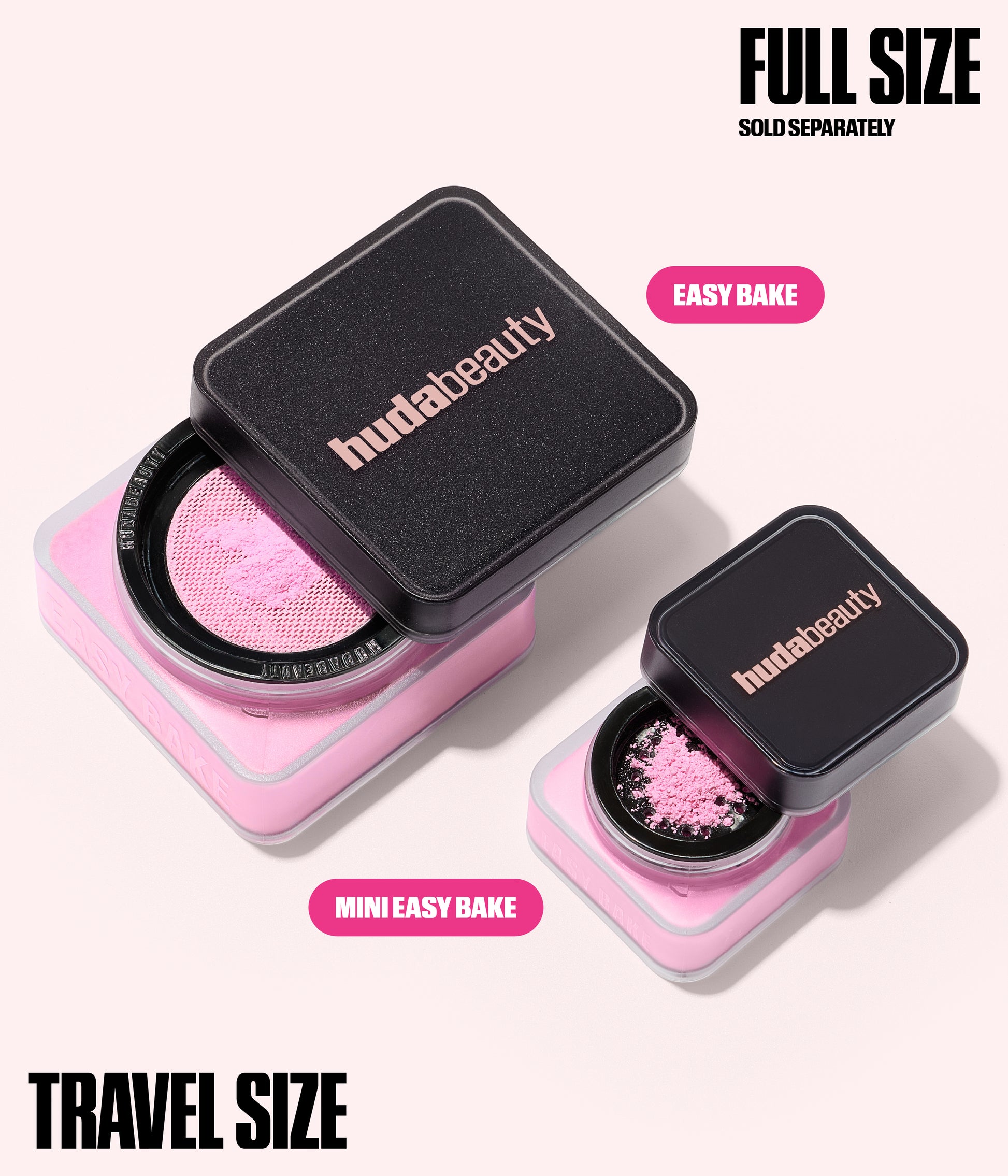 Mini Easy Bake Loose Baking & Setting Powder – Ube Birthday Cake shown in travel size next to full size Easy Bake loose powder for size comparison