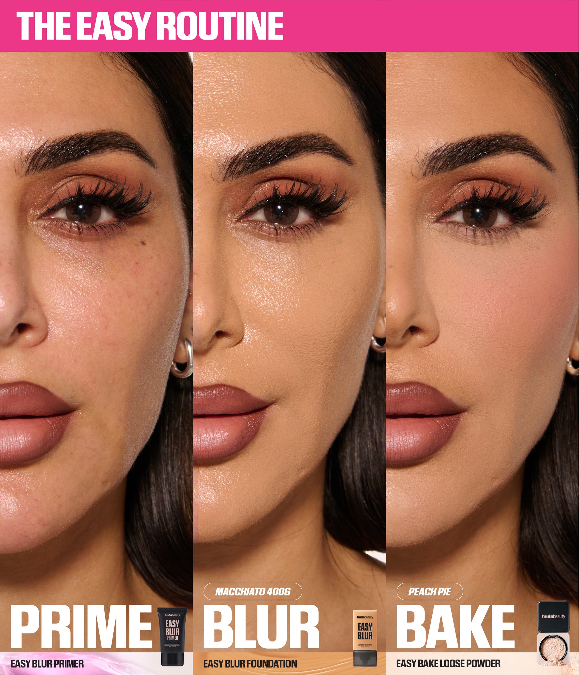 Mini Easy Bake Loose Baking & Setting Powder – Ube Birthday Cake featured in Easy routine showing prime, blur, and bake steps for a smooth finished complexion