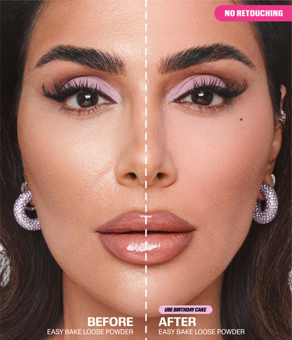 Mini Easy Bake Loose Baking & Setting Powder – Ube Birthday Cake before and after makeup comparison showing smoothing and mattifying effect with no retouching