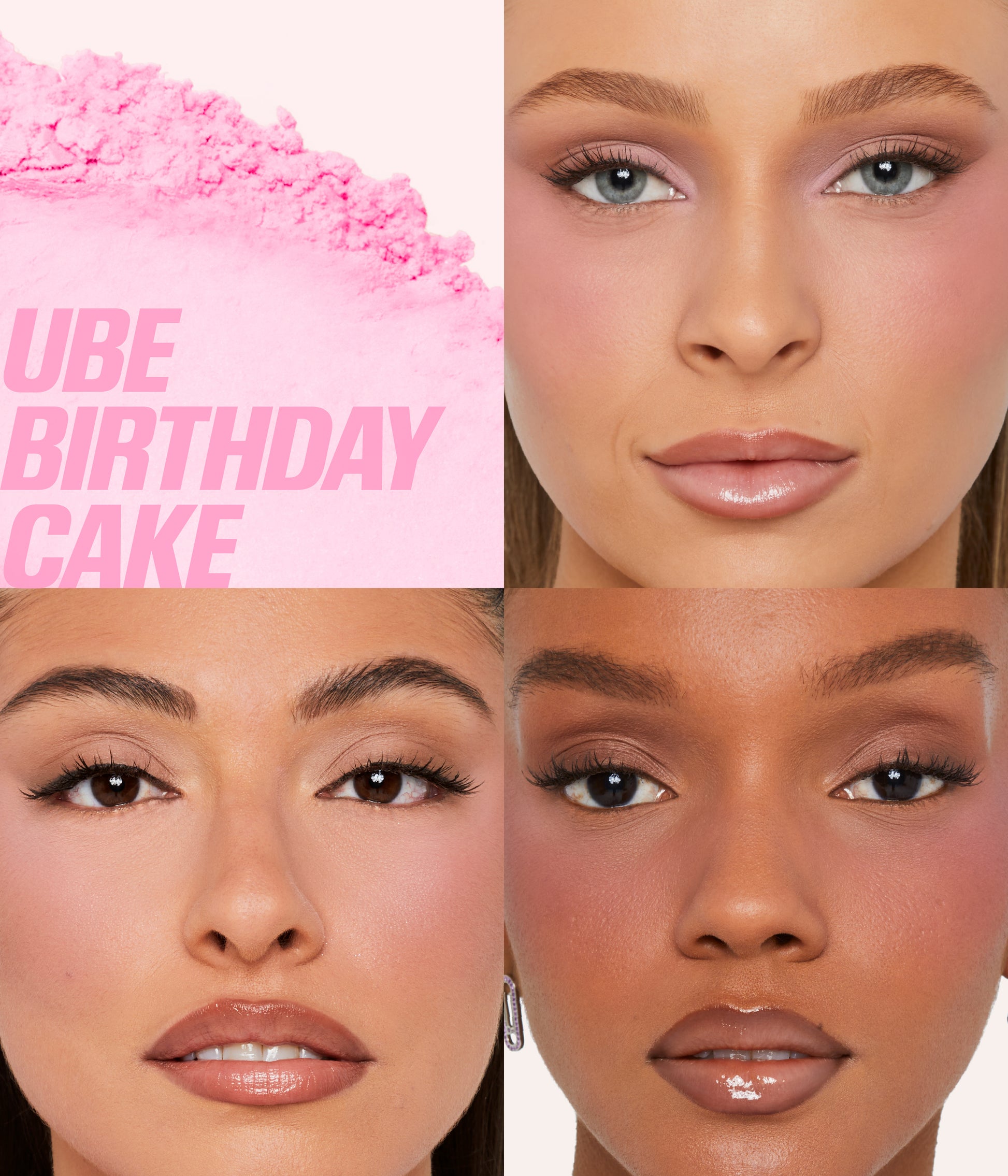Mini Easy Bake Loose Baking & Setting Powder – Ube Birthday Cake shade shown on multiple skin tones with soft matte, brightened, and blurred finish