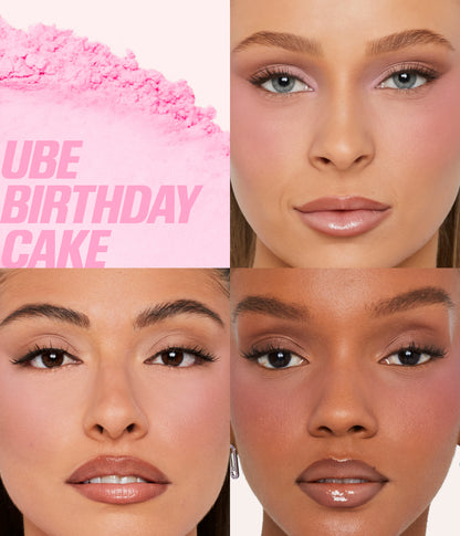 Mini Easy Bake Loose Baking & Setting Powder – Ube Birthday Cake shade shown on multiple skin tones with soft matte, brightened, and blurred finish