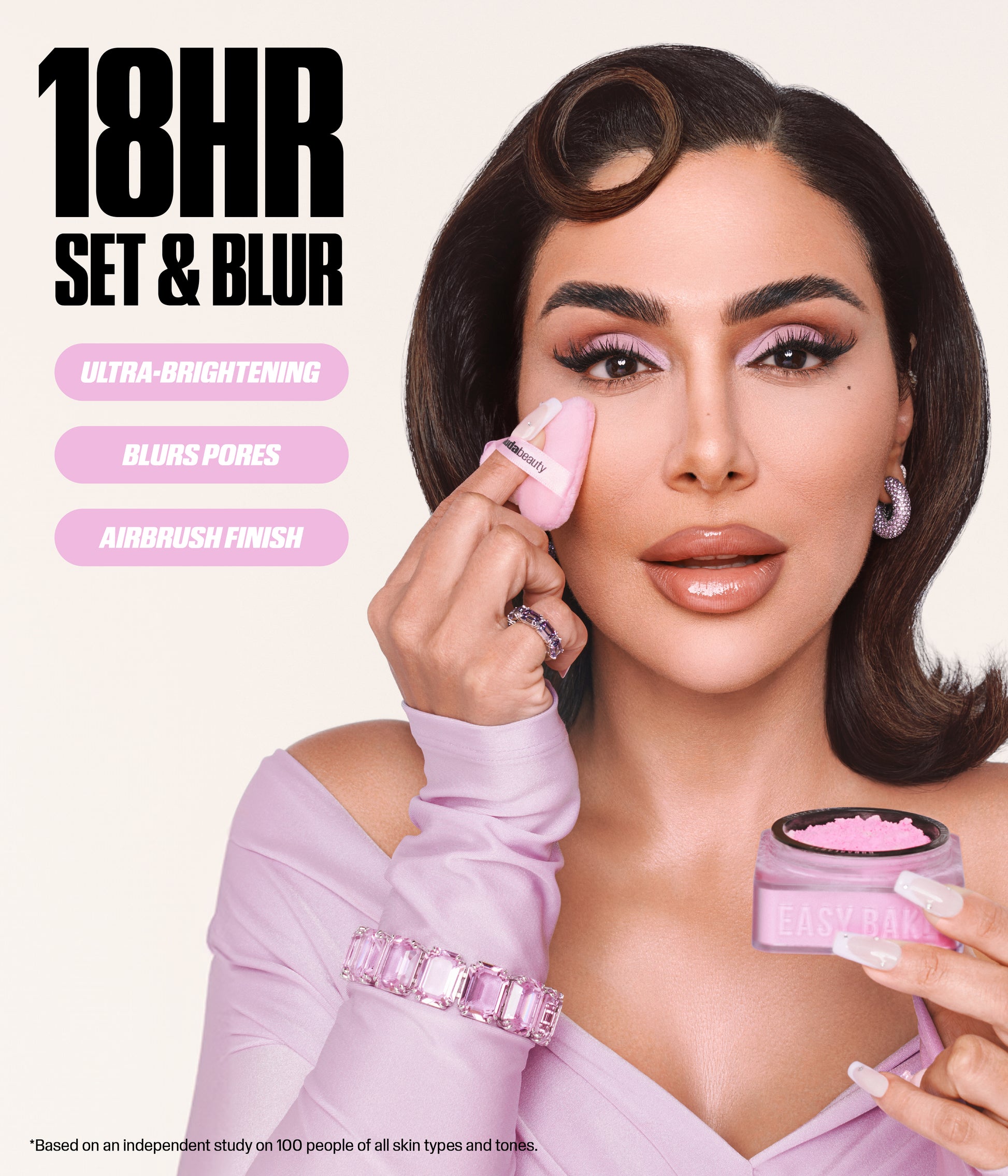Mini Easy Bake Loose Baking & Setting Powder – Ube Birthday Cake applied on model demonstrating 18-hour set and blur with ultra-brightening effect, pore-blurring results, and airbrush finish