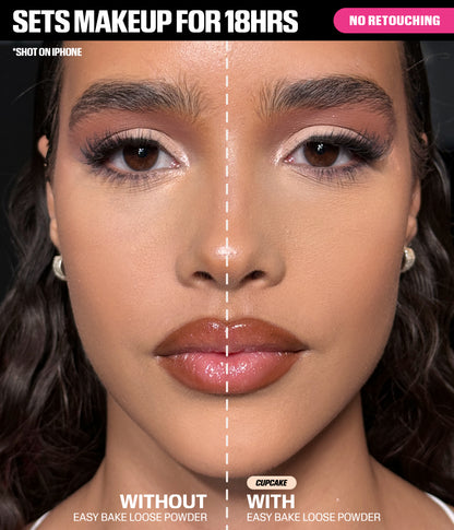 Mini Easy Bake Loose Baking & Setting Powder – Cupcake shade before and after comparison showing makeup set for 18 hours with no retouching