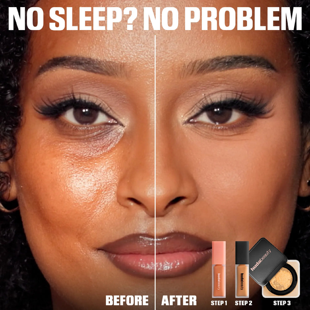 Huda Beauty undereye routine before and after on a model, split face with the text 'No sleep? No problem' and steps 1, 2 and 3 products