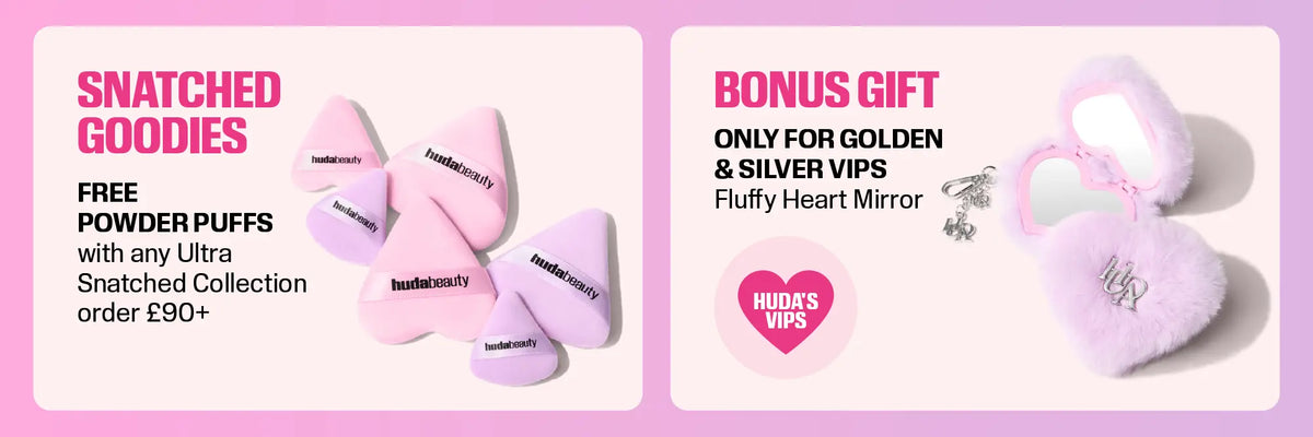Snatched Goodies - Free Powder Puffs with any Ultra Snatched Collection order  £90+, Fluffy Heart Mirror bonus gift for Gold & Silver VIPs