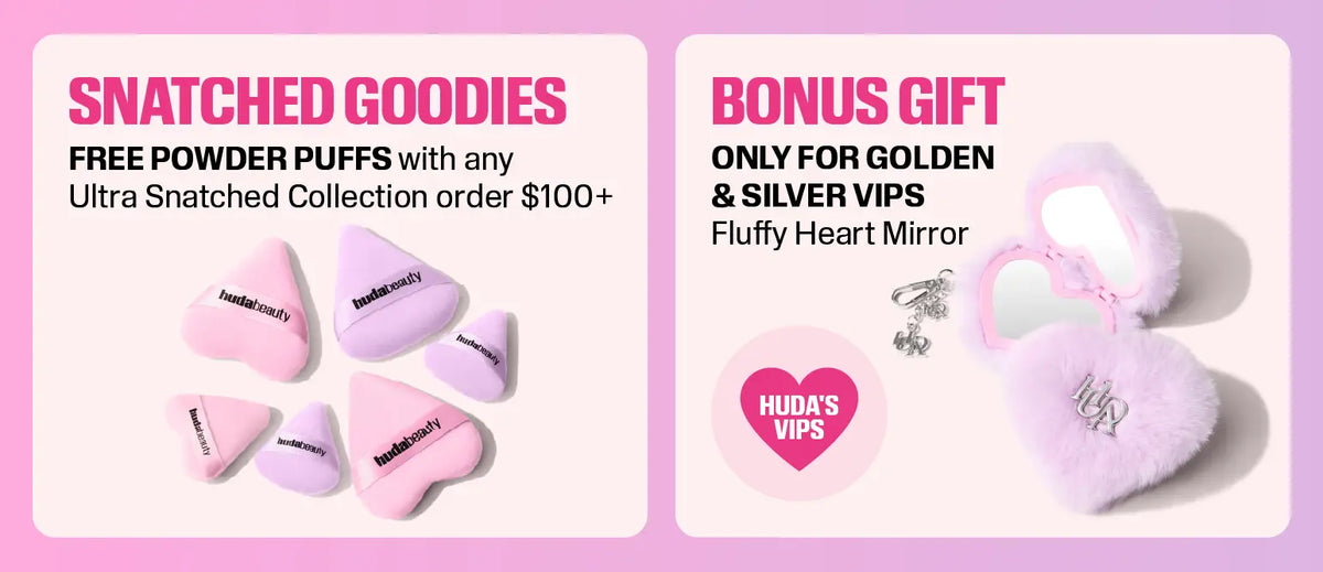 Snatched Goodies - Free Powder Puffs with any Ultra Snatched Collection order  $100+, Fluffy Heart Mirror bonus gift for Gold & Silver VIPs