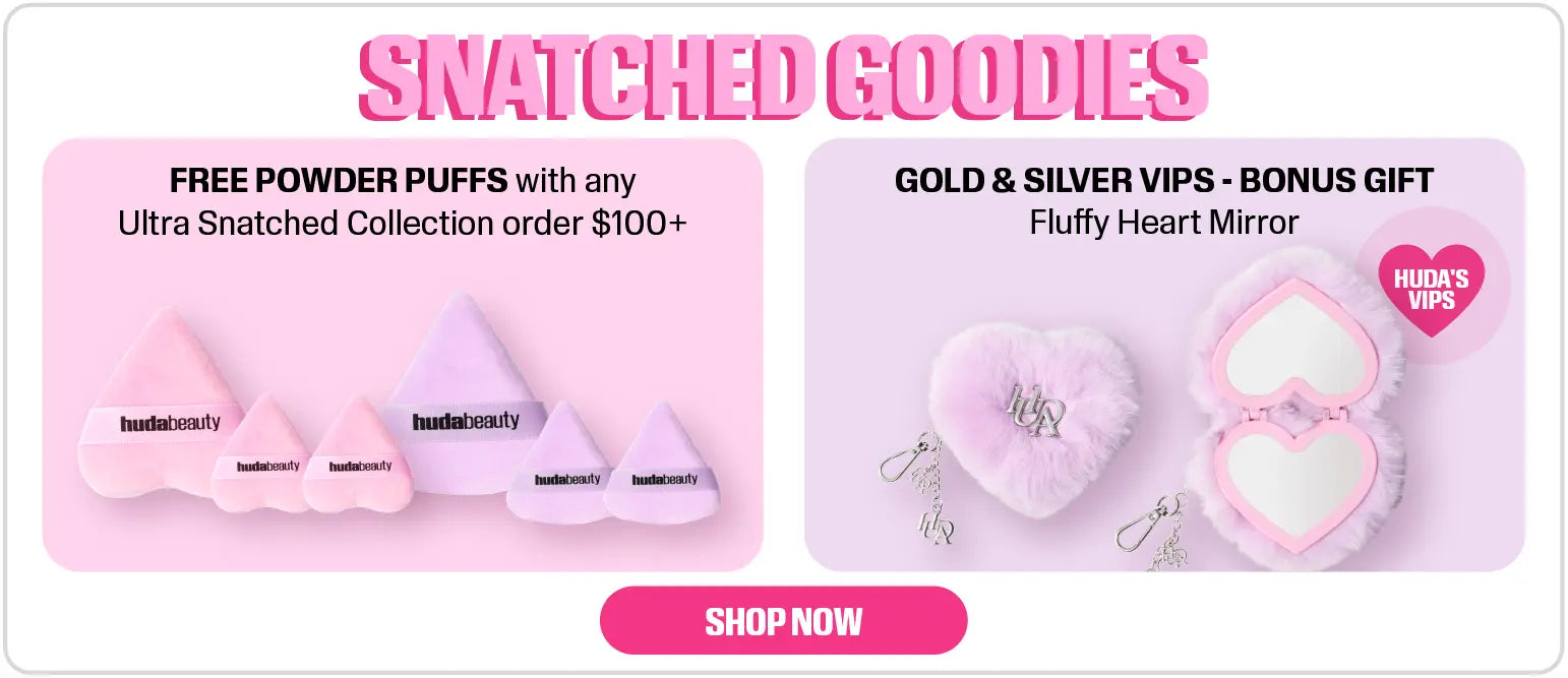 Snatched Goodies - Free Powder Puffs with any Ultra Snatched Collection order  $100+, Fluffy Heart Mirror bonus gift for Gold & Silver VIPs