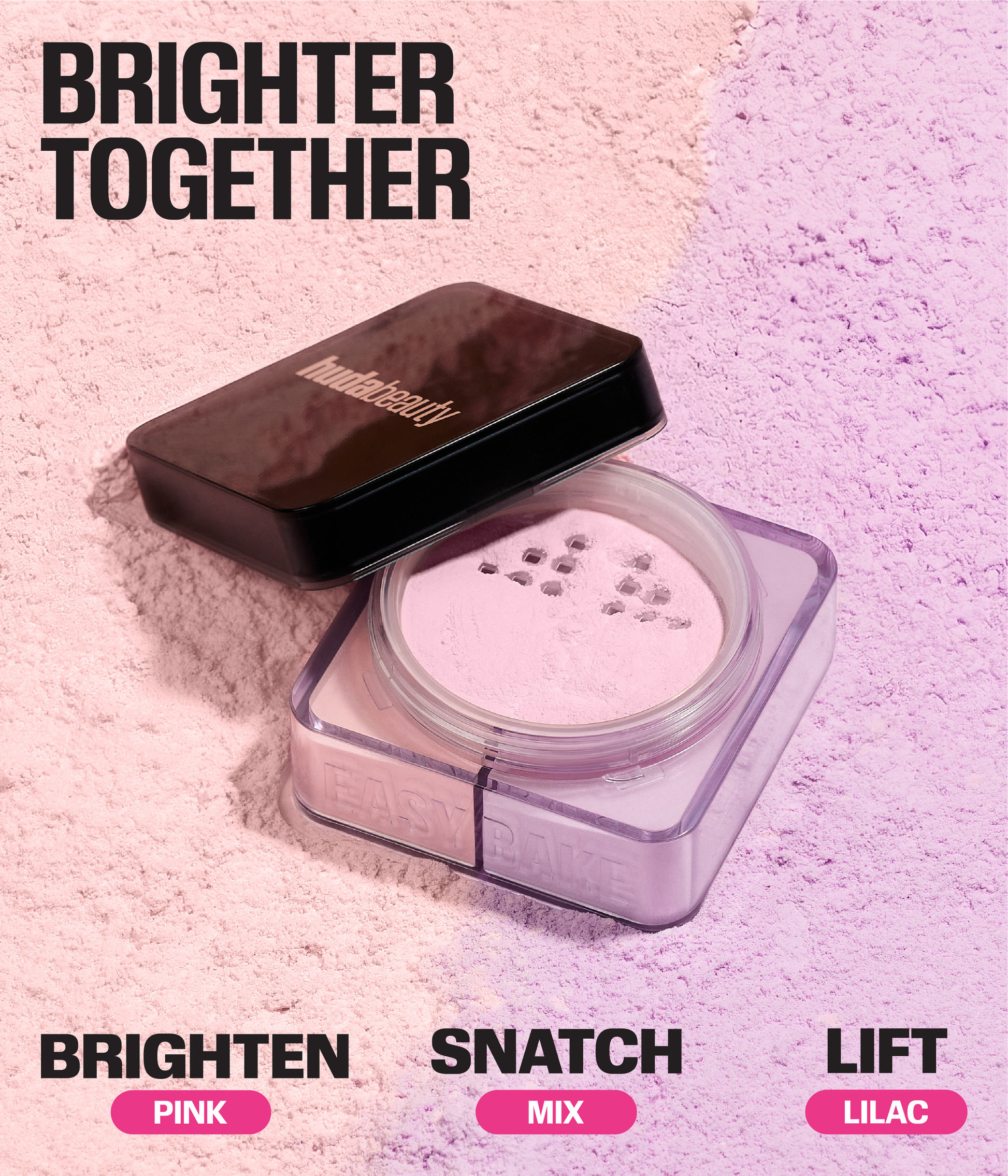 Easy Bake Duo Loose Powder – Brighten Pink, Snatch Mix, Lift Lilac shades on powder-textured background