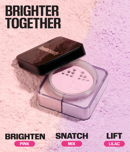 Easy Bake Duo Loose Powder – Brighten Pink, Snatch Mix, Lift Lilac shades on powder-textured background